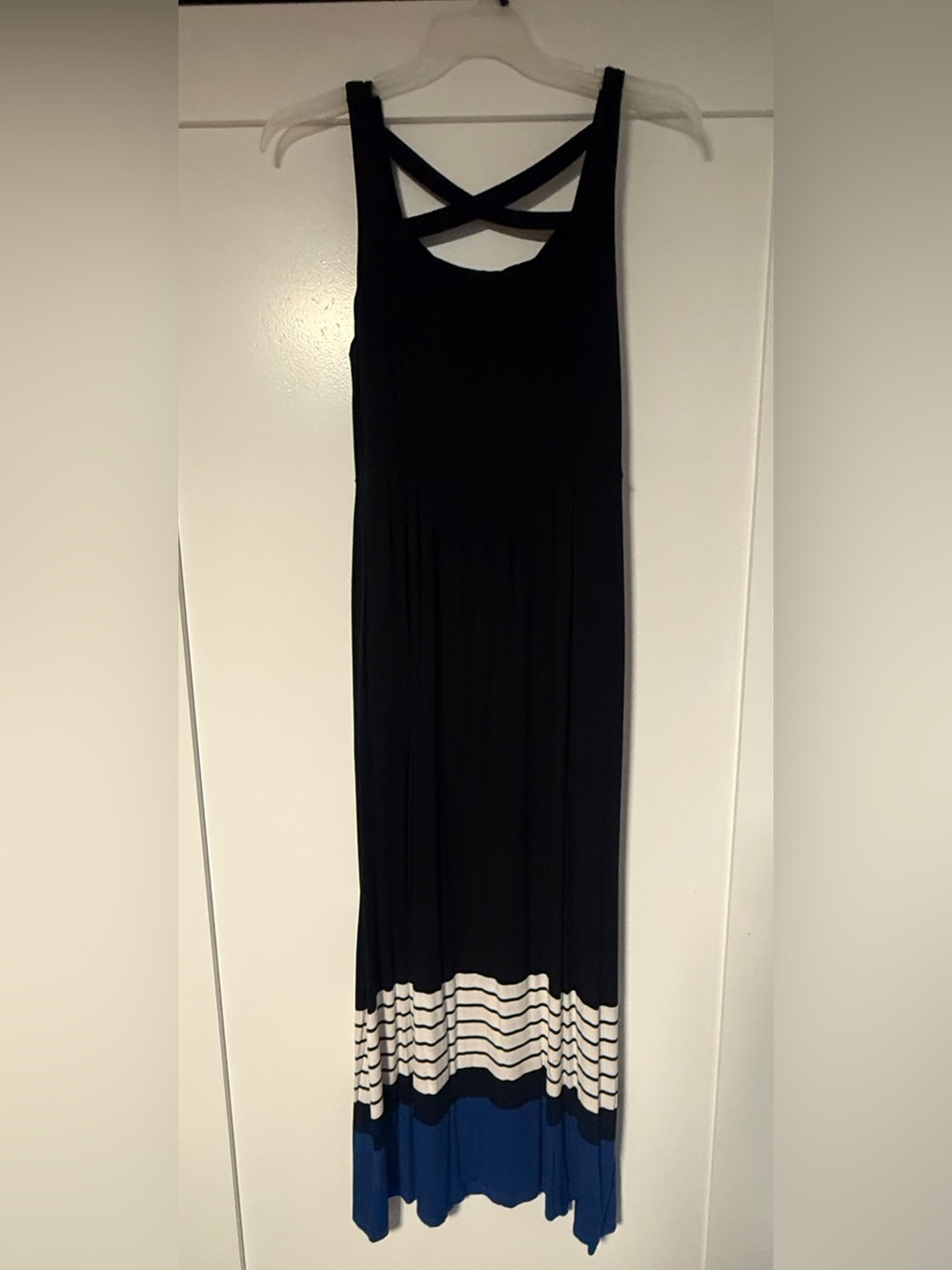 Soma Black Blue Striped Criss Cross Back Maxi Dress Size L